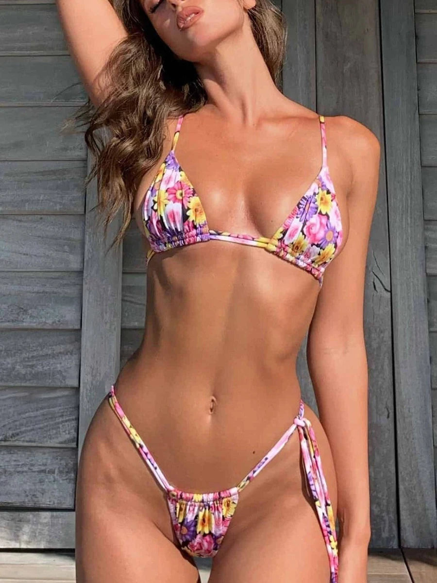 BeachShiny Women’s Printed Triangle String Bikini Set – Underwire Padded Low-Waist Two-Piece Swimwear