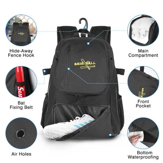 Baseball Equipment Backpack – 30L Sports Bat Bag with Shoe Compartment & Fence Hook